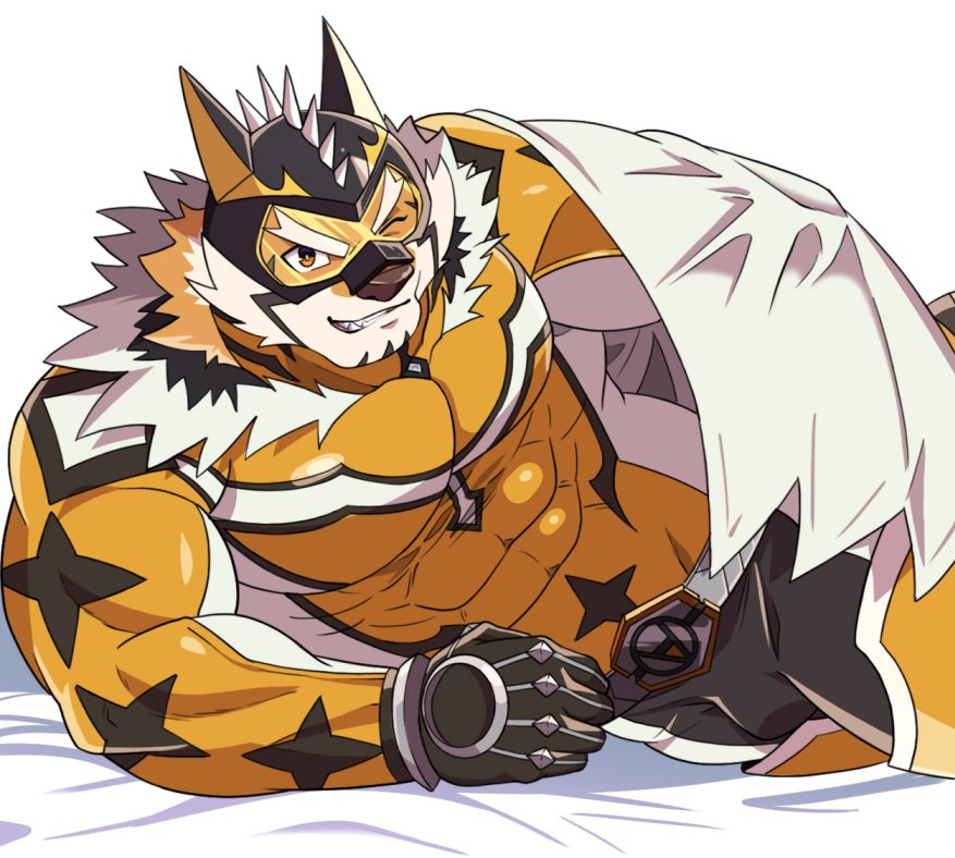 1boy, animal_ears, bara, bed_sheet, beige_fur, bodysuit, bulge, cape