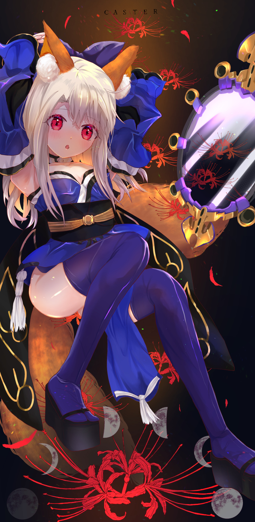 1girl, absurdres, alternate_costume, animal_ears, blue_kimono, blue_legwear, blue_sleeves, breasts