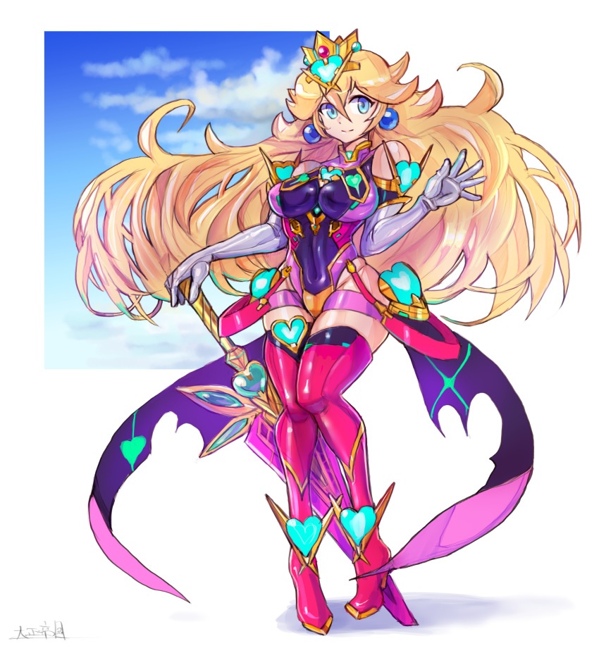 1girl, blonde_hair, blue_eyes, breasts, cosplay, crown, gloves, highres