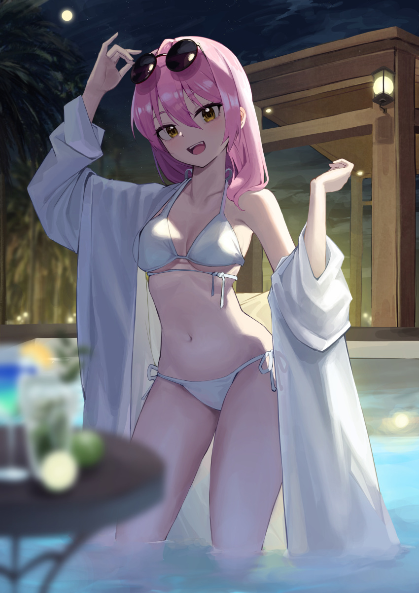 1girl, :d, arm_up, bangs, bathrobe, bikini, blurry, blurry_foreground