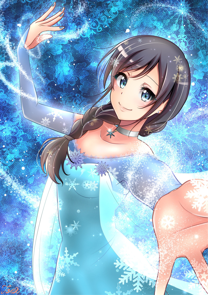 1girl, absurdres, amano_hina_(tenki_no_ko), arm_up, bangs, black_hair, blue_background, blue_dress