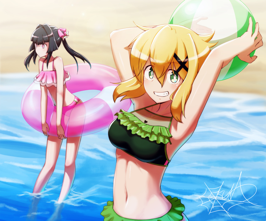 2girls, absurdres, akatsuki_kirika, armpits, arms_up, ball, bangs, beach