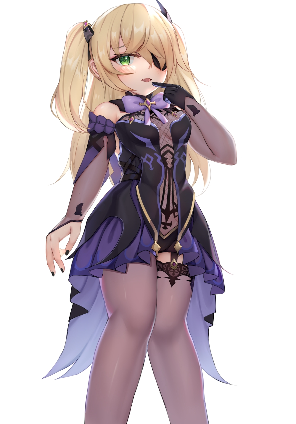 1girl, black_dress, black_legwear, blonde_hair, bodysuit, bow, bowtie, breasts