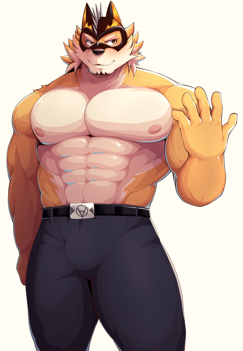 1boy, abs, absurdres, animal_ears, bara, beige_fur, bulge, chest