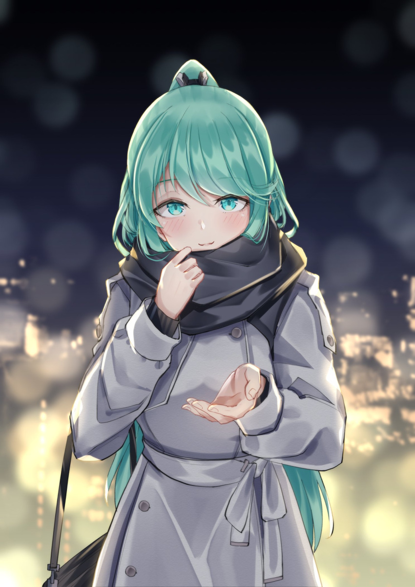 1girl, bag, bangs, black_scarf, black_sweater, blush, breasts, city_lights