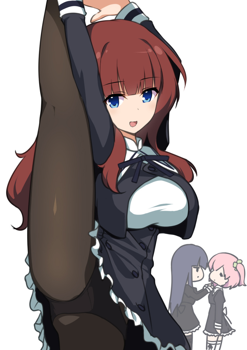 3girls, assault_lily, black_dress, black_hair, black_legwear, black_panties, blue_eyes, blush, breasts, brown_hair, dress, eyebrows_visible_through_hair, highres, hitotsuyanagi_riri, kaede_johan_nouvel, large_breasts, long_hair, looking_at_viewer, mocchi, multiple_girls, open_mouth, panties, panties_under_pantyhose, pantyhose, pink_hair, school_uniform, shiny, shiny_hair, shirai_yuyu, simple_background, smile, split, standing, standing_on_one_leg, standing_split, underwear, white_background