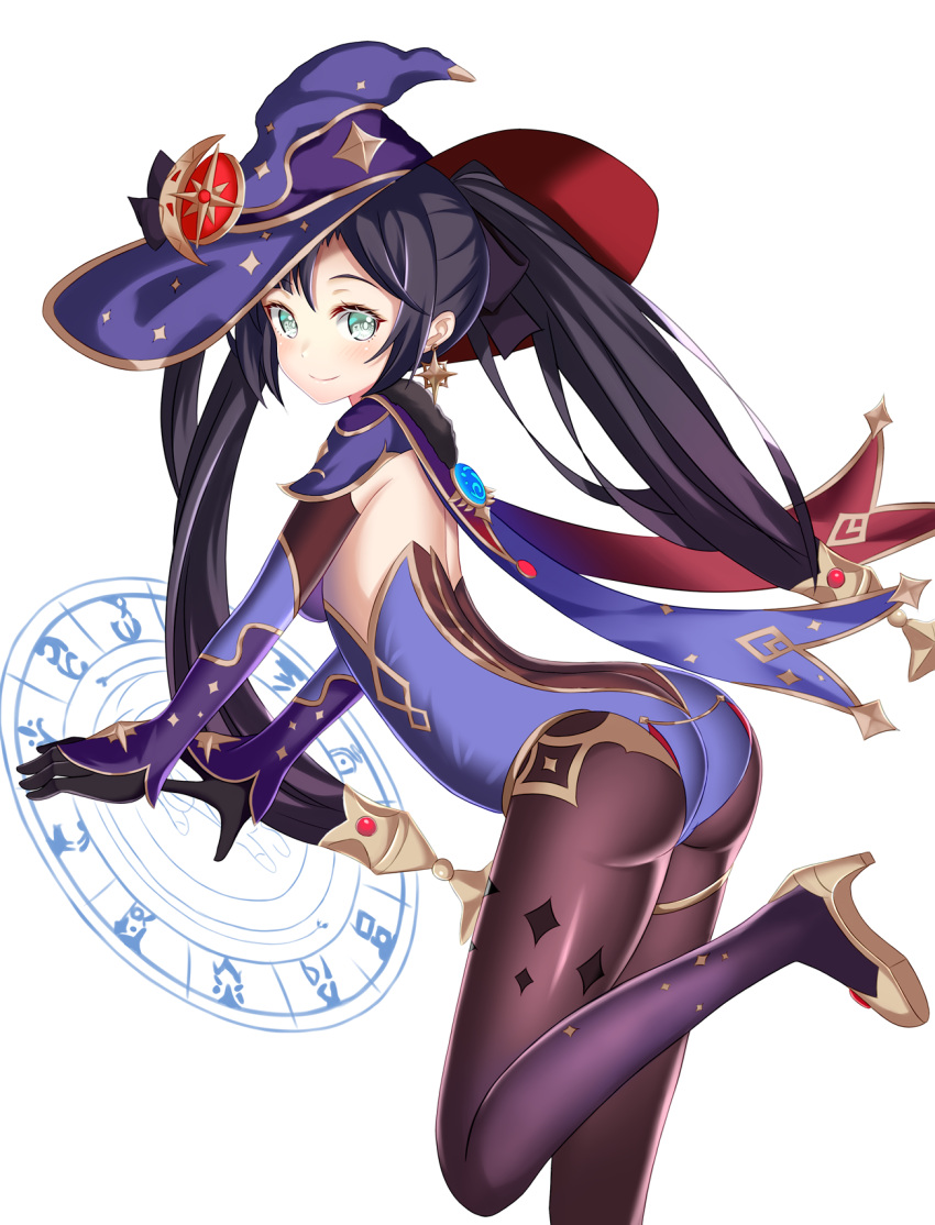 1girl, aqua_eyes, ass, black_legwear, blue_leotard, blush, detached_sleeves, earrings