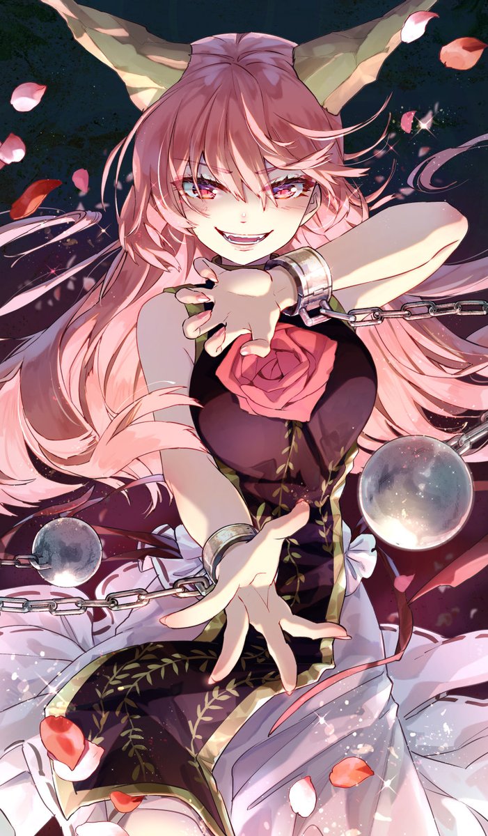 1girl, ball_and_chain_restraint, bangs, bare_shoulders, blush, breasts, chain, claw_pose