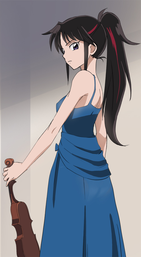 1girl, black_eyes, black_hair, blue_dress, closed_mouth, dress, han'you_no_yashahime, haruyama_kazunori