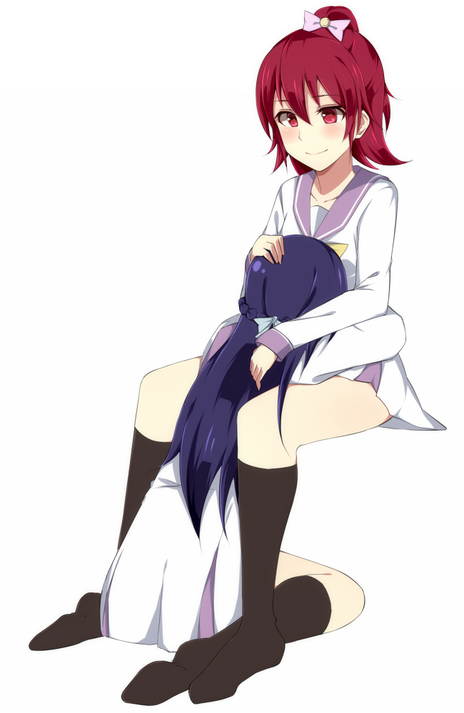 2girls, aida_mana, bangs, black_legwear, blue_hair, blue_ribbon, blush, bow