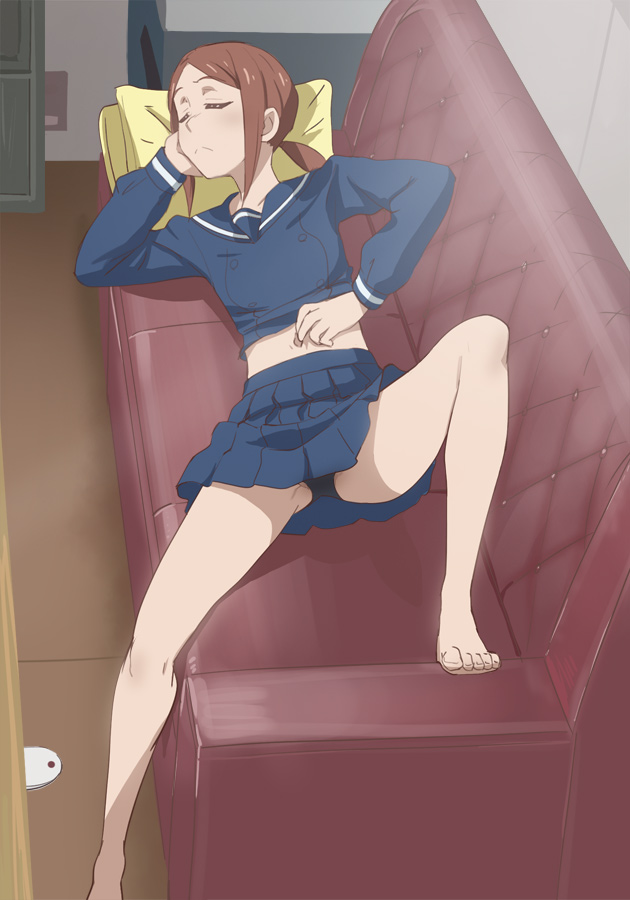 1girl, barefoot, black_panties, blue_shirt, blue_skirt, brown_hair, closed_eyes, closed_mouth