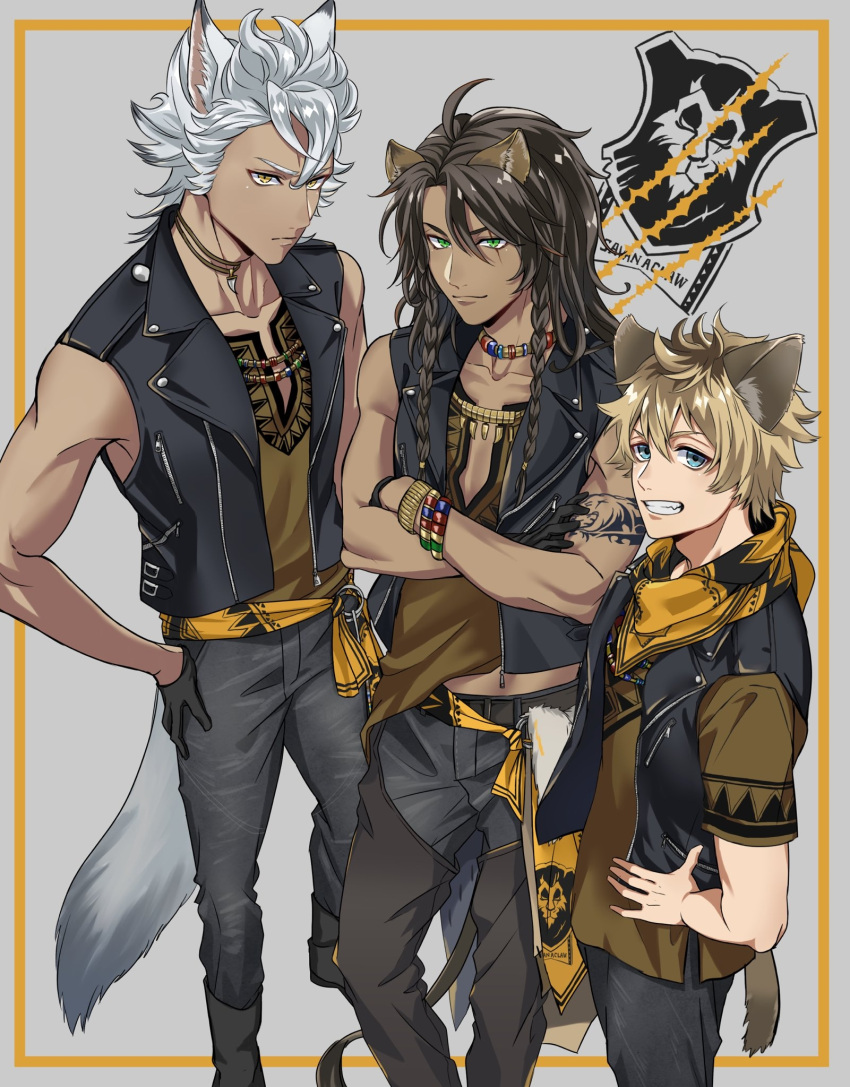3boys, ahoge, animal_ears, arm_tattoo, bandana, black_gloves, black_vest, blue_eyes
