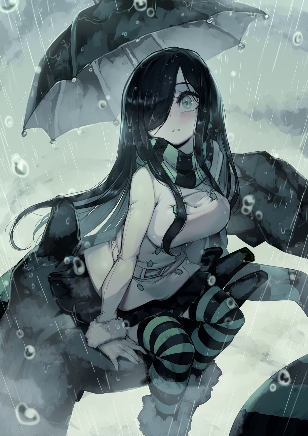 1girl, 1other, aria_wintermint, arm_support, belt, black_footwear, black_hair, black_skirt