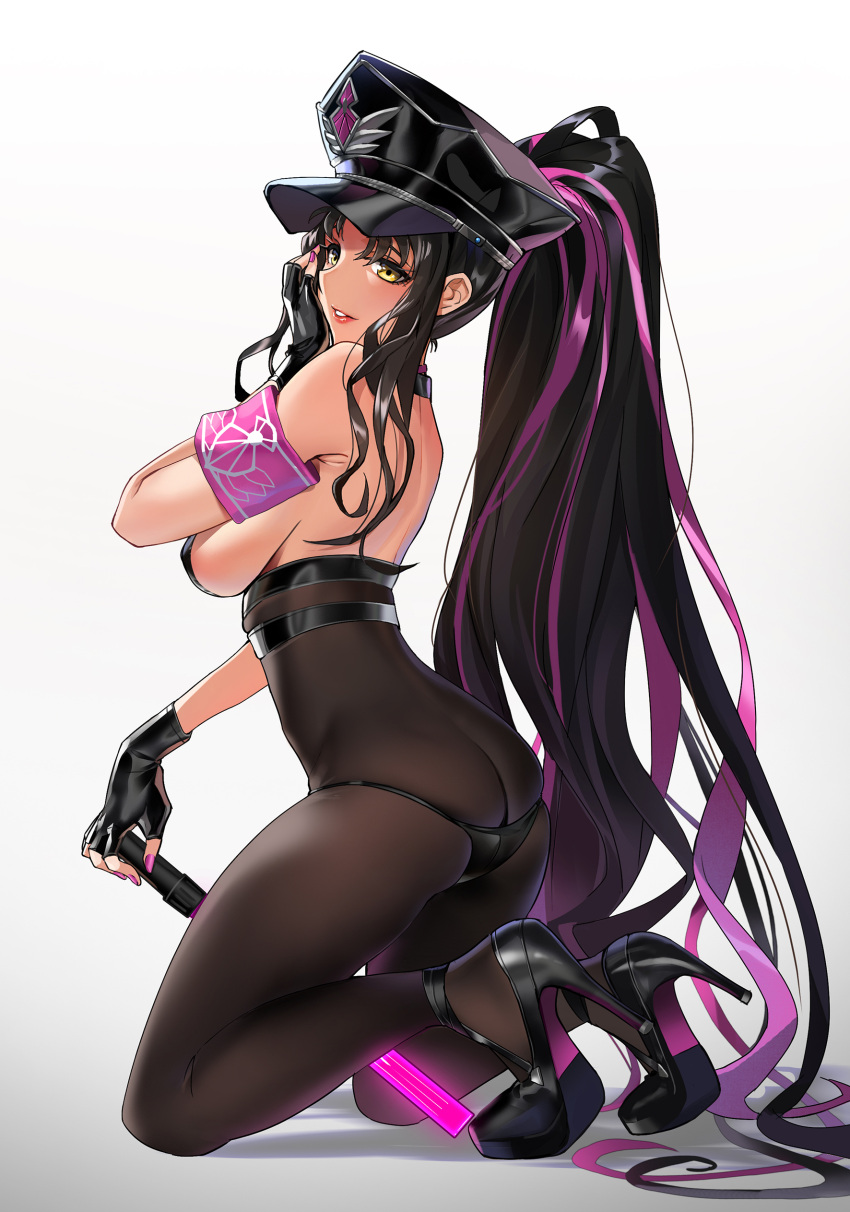 1girl, 767_(pixiv973307689), absurdres, armband, ass, bikini, black_bikini, black_bodysuit, black_footwear, black_gloves, black_hair, bodysuit, breasts, fate/grand_order, fate_(series), fingerless_gloves, gloves, hat, high_heels, highres, long_hair, medium_breasts, multicolored_hair, peaked_cap, police_hat, ponytail, purple_hair, sesshouin_kiara_(swimsuit_mooncancer)_(fate), solo, streaked_hair, swimsuit, traffic_baton, very_long_hair, yellow_eyes