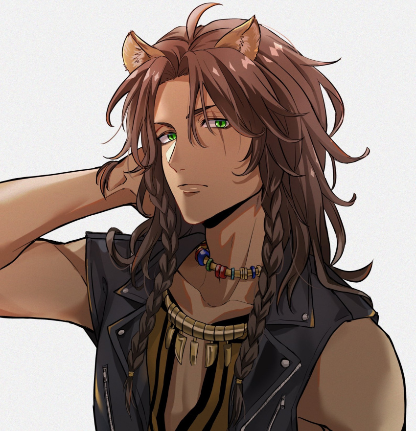 animal_ears, arm_behind_head, black_vest, brown_hair, collarbone, dao_(daao_bf), dark_skin, expressionless, fang_necklace, film_grain, green_eyes, hair_over_shoulder, highres, leona_kingscholar, lion_boy, lion_ears, long_hair, necktie, official_style, scar, scar_across_eye, shirt, simple_background, sleeveless, sleeveless_shirt, toboso_yana_(style), twisted_wonderland, vest, white_background