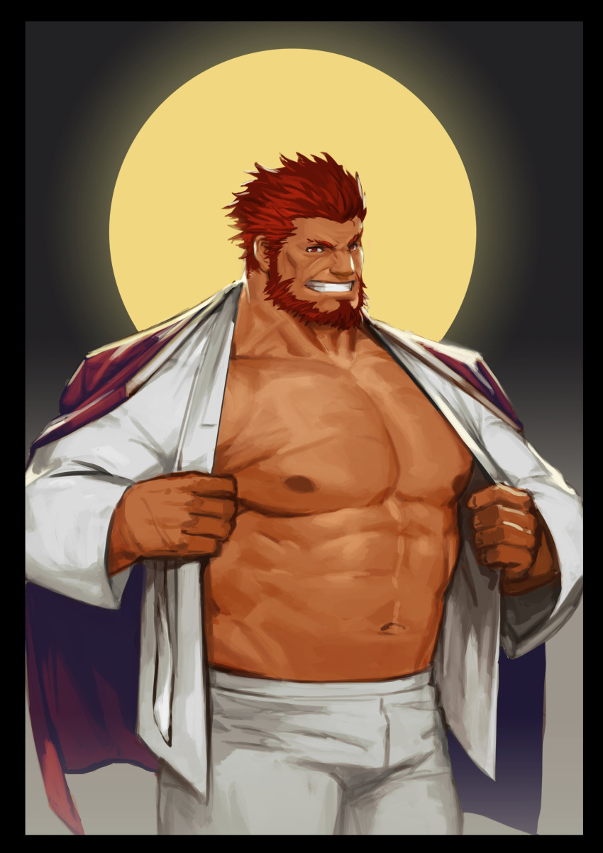 1boy, abs, absurdres, alternate_costume, bara, bare_chest, beard, chest