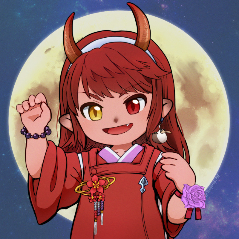 1girl, :d, bangs, bead_bracelet, beads, bird_earrings, blush, bracelet, character_request, claw_pose, earrings, eyebrows_visible_through_hair, fang, final_fantasy, final_fantasy_xiv, flower, flower_request, full_moon, hairband, hand_up, heterochromia, horns, japanese_clothes, jewelry, kimono, long_hair, moon, night, night_sky, open_mouth, pointy_ears, purple_flower, purple_rose, red_eyes, red_flower, red_ribbon, redhead, ribbon, rose, sidelocks, single_earring, sky, smile, solo, star_(sky), starry_sky, swept_bangs, tempered_axe, thick_eyebrows, white_hairband, wide_sleeves, wrist_flower, wrist_ribbon, yellow_eyes