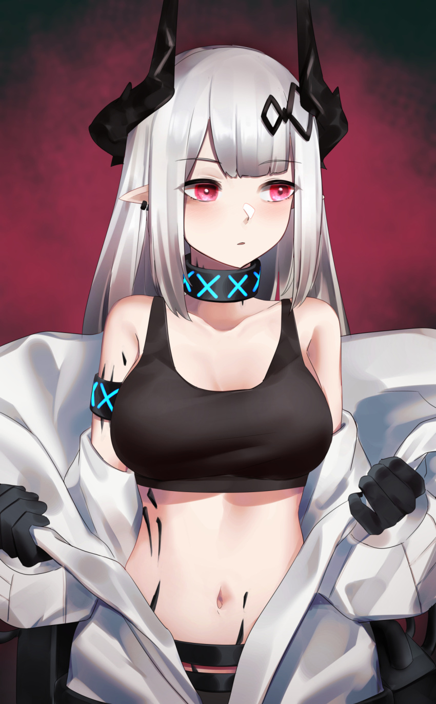 1girl, arknights, bare_shoulders, black_choker, black_gloves, black_shirt, breasts, choker