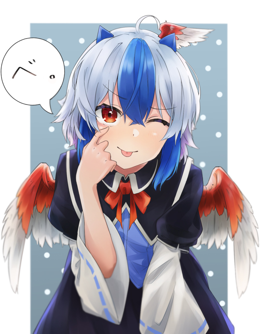 1girl, ;p, ahoge, aqua_background, bangs, bird_wings, black_dress, black_skirt