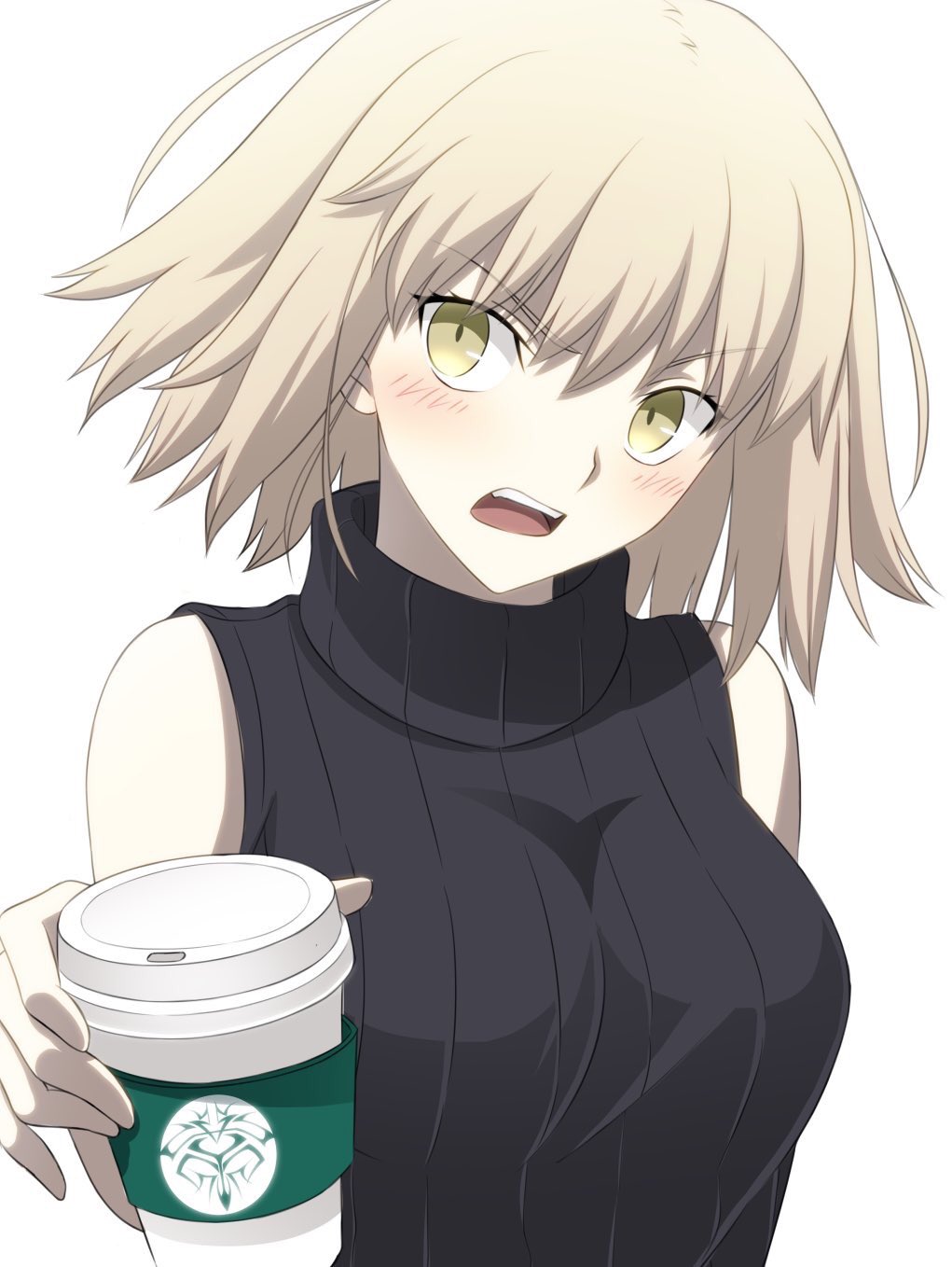 1girl, black_ribbon, black_sweater, blush, breasts, coffee_cup, commentary_request, cup, disposable_cup, eyebrows_visible_through_hair, fate/grand_order, fate_(series), fumika_asano, grey_hair, head_tilt, highres, holding, holding_cup, jeanne_d'arc_(fate), jeanne_d'arc_(fate)_(all), large_breasts, looking_at_viewer, open_mouth, ribbed_sweater, ribbon, short_hair, sleeveless_sweater, solo, sweater, turtleneck, turtleneck_sweater, upper_body, yellow_eyes