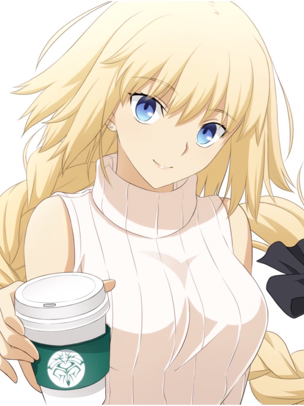 1girl, black_ribbon, blonde_hair, blue_eyes, braid, breasts, coffee_cup, commentary_request