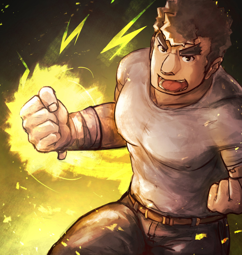 1boy, absurdres, aura, bara, barry_go, belt, brown_eyes, brown_hair
