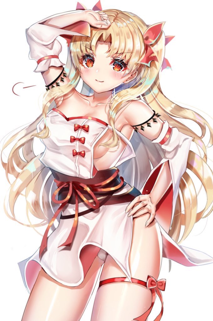 1girl, blonde_hair, breasts, chiachun0621, collarbone, commentary_request, cosplay, detached_sleeves, ereshkigal_(fate/grand_order), fate/grand_order, fate_(series), hair_ribbon, hand_on_hip, himiko_(fate), himiko_(fate)_(cosplay), japanese_clothes, kimono, long_hair, medium_breasts, red_eyes, red_ribbon, ribbon, short_kimono, sideboob, simple_background, solo, thigh_ribbon, two_side_up, white_background, white_kimono, white_sleeves