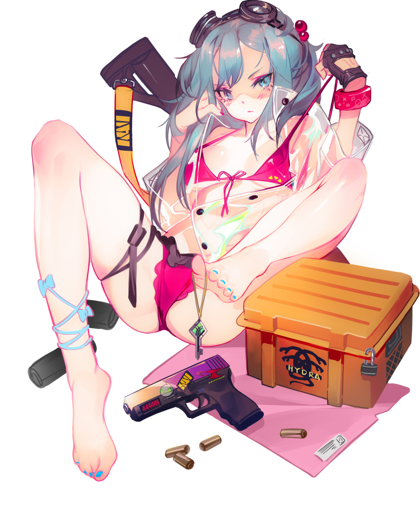 1girl, absurdres, ass, bare_legs, barefoot, blue_eyes, blue_hair, blue_nails, bra, counter-strike, counter_strike:global_offensive, feet, full_body, goggles, goggles_on_head, grandia_lee, highres, long_hair, nail_polish, no_shoes, original, panties, soles, toenail_polish, toenails, toes, underwear