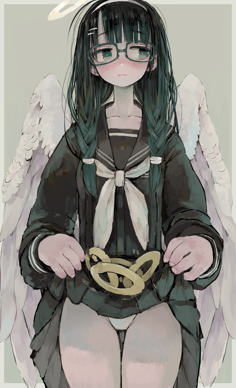 1girl, angel, angel_wings, black_hair, black_sailor_collar, black_serafuku, black_shirt, blush, border, closed_mouth, cowboy_shot, ebimomo, embarrassed, feathered_wings, fingernails, freckles, glasses, gradient_hair, green-framed_eyewear, green_background, green_eyes, green_hair, hair_ornament, hairband, hairclip, halo, hands_up, highres, lifted_by_self, long_hair, long_sleeves, looking_away, looking_to_the_side, multicolored_hair, neckerchief, nose_blush, original, panties, pleated_skirt, sailor_collar, school_uniform, serafuku, shirt, simple_background, skirt, skirt_lift, solo, standing, two-tone_hair, underwear, white_border, white_hairband, white_neckwear, white_panties, white_wings, wings