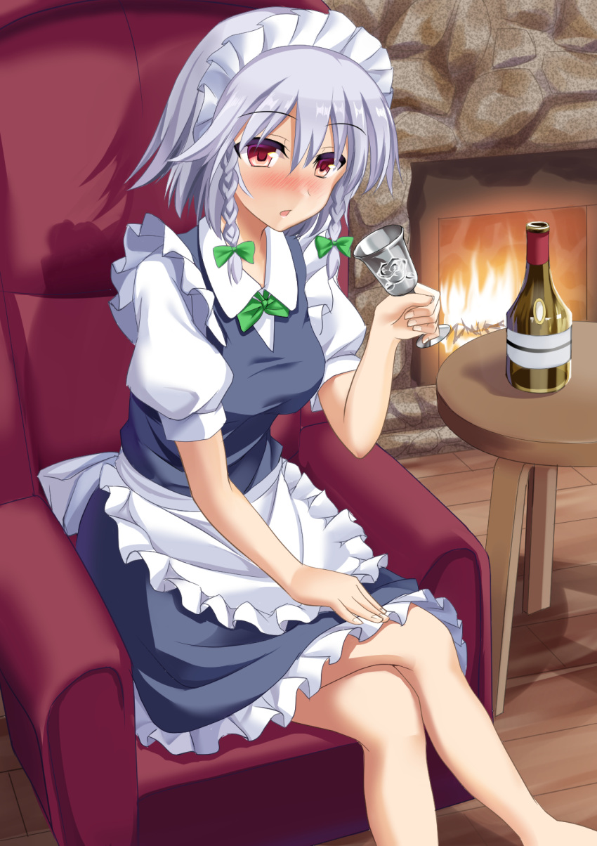 1girl, alcohol, apron, barefoot, blue_skirt, blue_vest, blush, bottle, bow, bowtie, braid, breasts, chair, chalice, commentary_request, crossed_legs, cup, drunk, eyebrows_visible_through_hair, feet_out_of_frame, fire, fireplace, green_neckwear, hair_between_eyes, hair_ribbon, hand_on_own_thigh, highres, holding, holding_cup, indoors, izayoi_sakuya, looking_at_viewer, maid, maid_headdress, medium_breasts, puffy_short_sleeves, puffy_sleeves, red_eyes, ribbon, shadow, shirt, short_hair, short_sleeves, silver_hair, sitting, skirt, solo, table, touhou, tress_ribbon, twin_braids, vest, waist_apron, white_shirt, wooden_floor, yasuu_(ezuw3737)