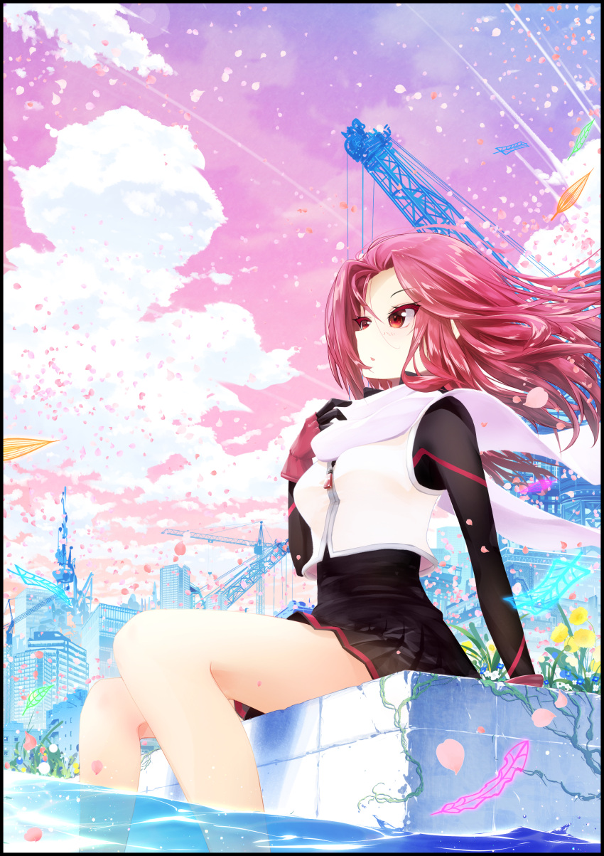 1girl, absurdres, black_border, black_dress, blue_flower, blush, border, building