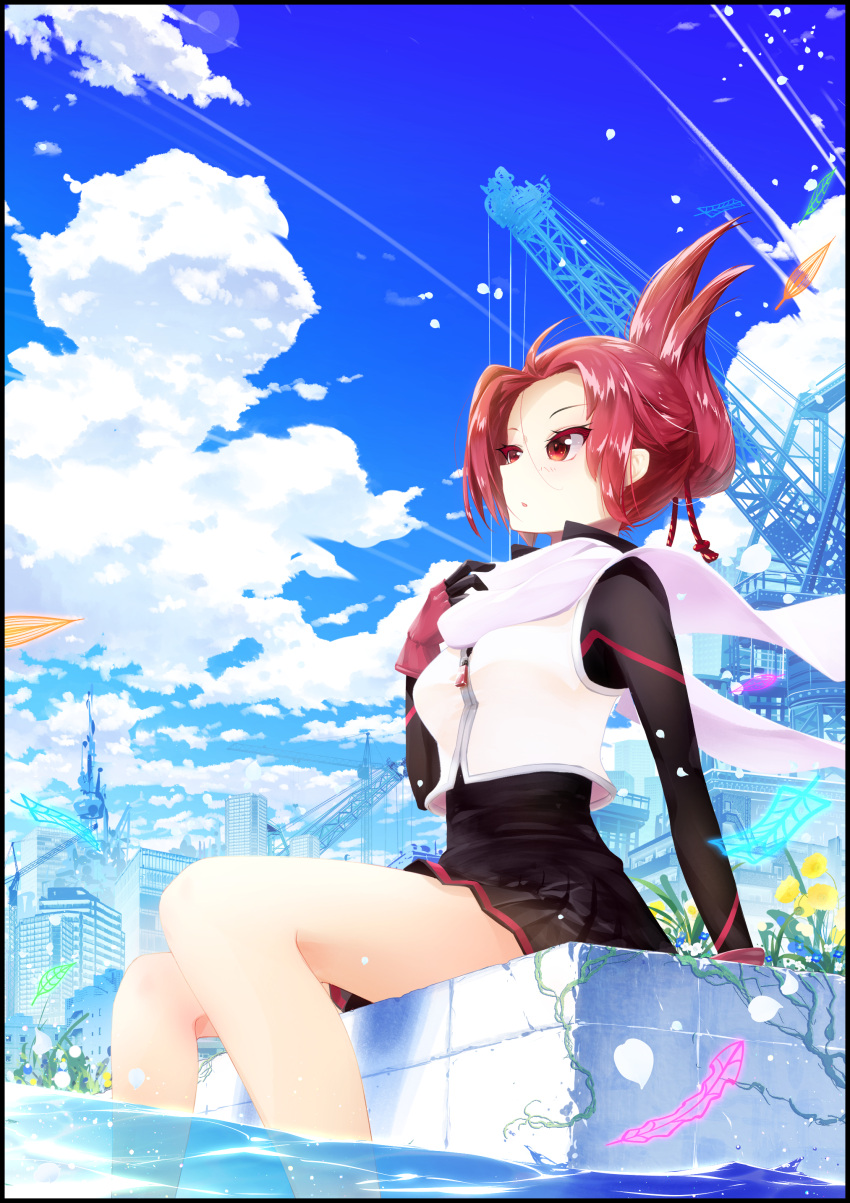 1girl, absurdres, black_border, black_dress, blue_flower, blue_sky, blush, border