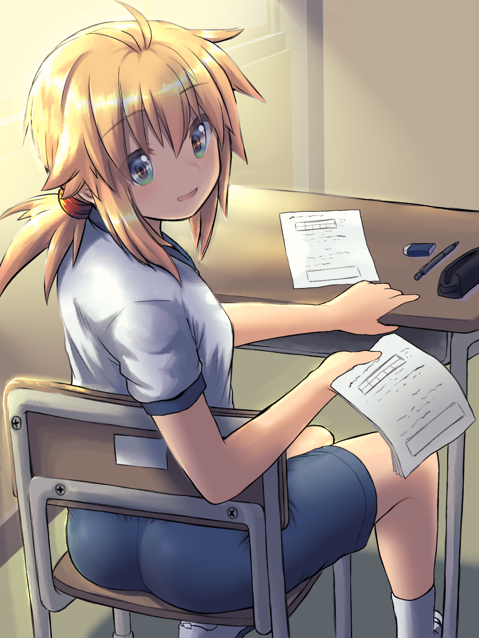 ahoge, antenna_hair, ass, blush, breasts, chair, desk, eraser, gym_shorts, gym_uniform, highres, koshirae_tsurugi, light_blush, m.m, mechanical_pencil, original, pencil, ponytail, school, school_desk, shorts, small_breasts, smile, window