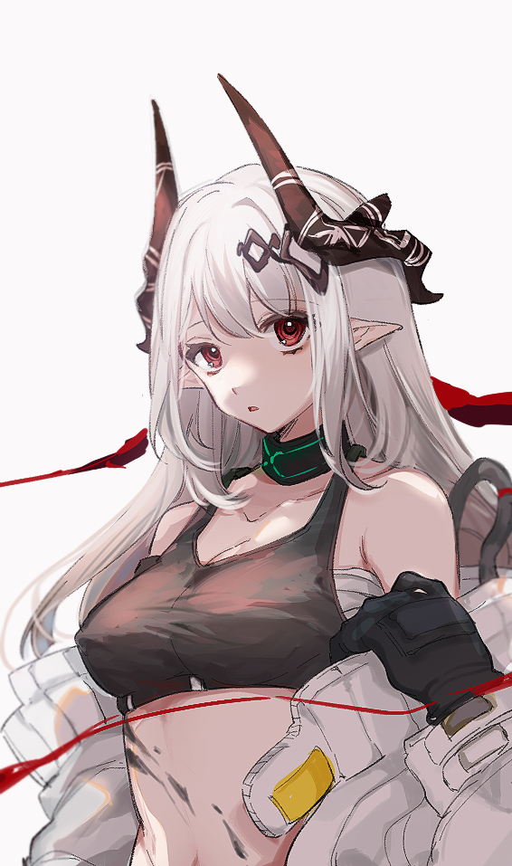 1girl, arknights, bandages, bangs, bare_shoulders, black_collar, breasts, chinese_commentary