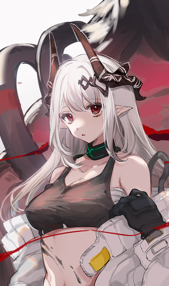 1girl, arknights, bandages, bangs, bare_shoulders, black_collar, breasts, chinese_commentary, collar, commentary_request, crop_top, eyebrows_visible_through_hair, grey_background, horns, long_hair, looking_at_viewer, medium_breasts, midriff, mudrock_(arknights), off_shoulder, oripathy_lesion_(arknights), parted_lips, partial_commentary, pointy_ears, red_eyes, sarashi, silver_hair, solo, sports_bra, stomach, syuyu0220, upper_body