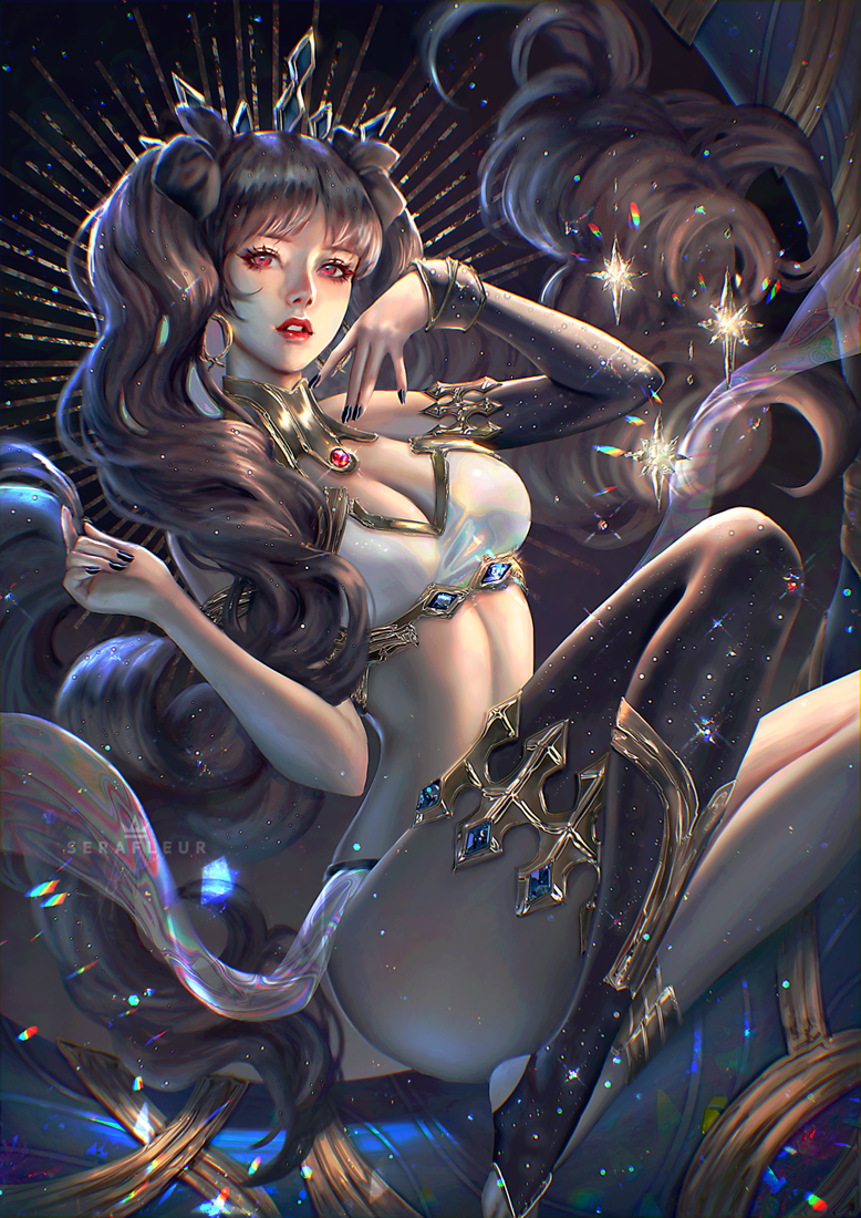 1girl, abigail_diaz, armlet, bangs, black_hair, collar, earrings, fate/grand_order