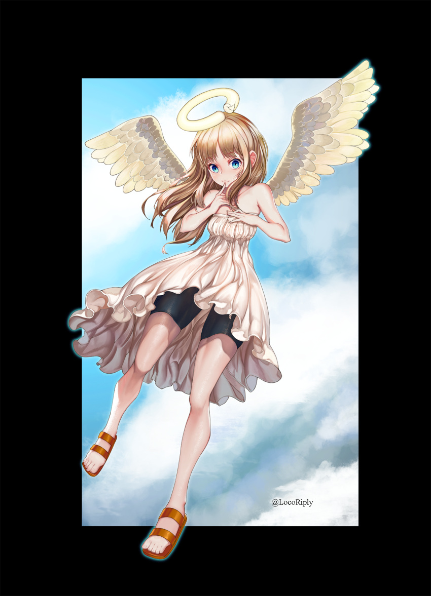 1girl, angel, angel_wings, bike_shorts, black_border, black_shorts, blonde_hair, blue_eyes