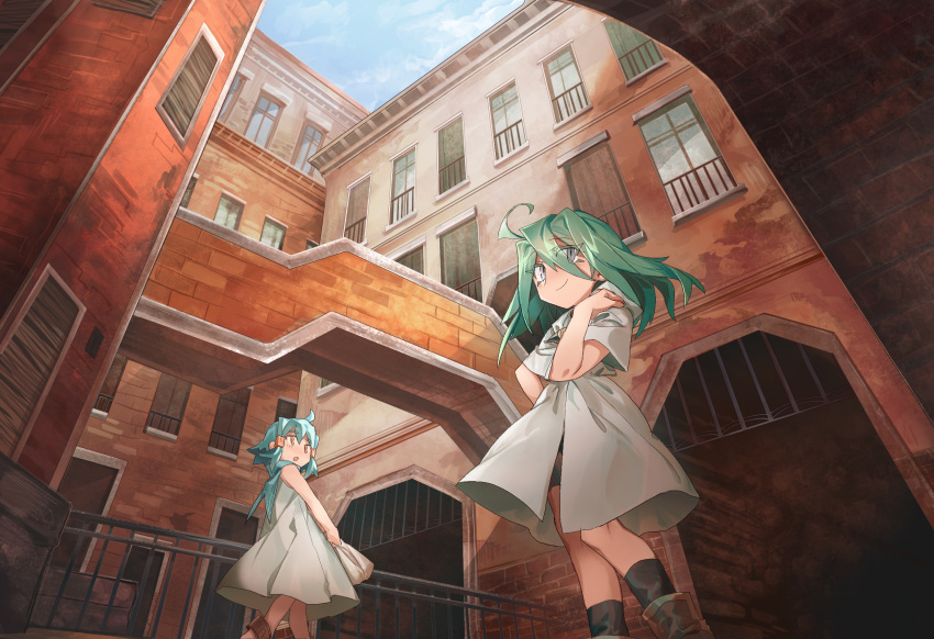 2girls, ahoge, akari_(shichigatsu), arch, black_legwear, blue_sky, brown_footwear, closed_mouth, day, dress, green_hair, grey_dress, grey_eyes, hair_tubes, hand_up, highres, hood, hood_down, looking_at_viewer, medium_hair, multiple_girls, original, outdoors, red_eyes, school_uniform, serafuku, shichigatsu, shoes, sky, smile, socks, sou_(shichigatsu), standing