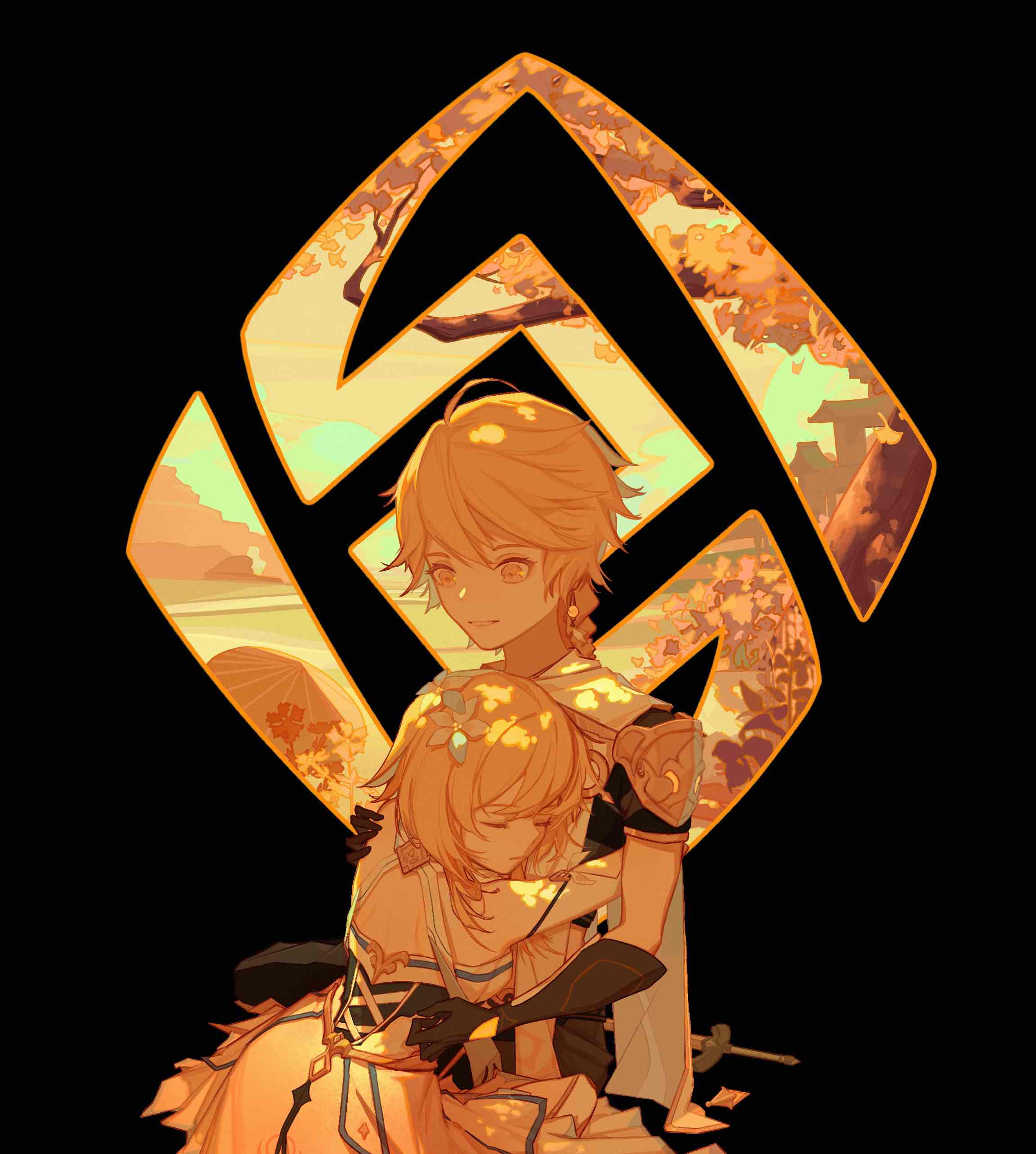 1boy, 1girl, absurdres, aether_(genshin_impact), ahoge, bangs, blonde_hair, brother_and_sister, building, closed_eyes, flower, genshin_impact, gloves, hair_between_eyes, hair_flower, hair_ornament, highres, hug, lumine_(genshin_impact), meichu, short_hair, siblings, sword, tree, twins, umbrella, weapon