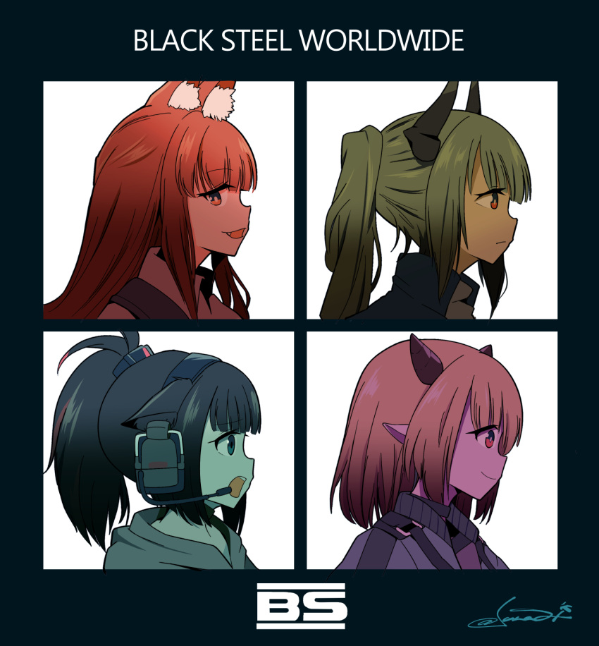 4girls, album_cover, album_cover_redraw, animal_ears, arknights, black_steel_logo, blacksteel_worldwide_(arknights), cat_ears