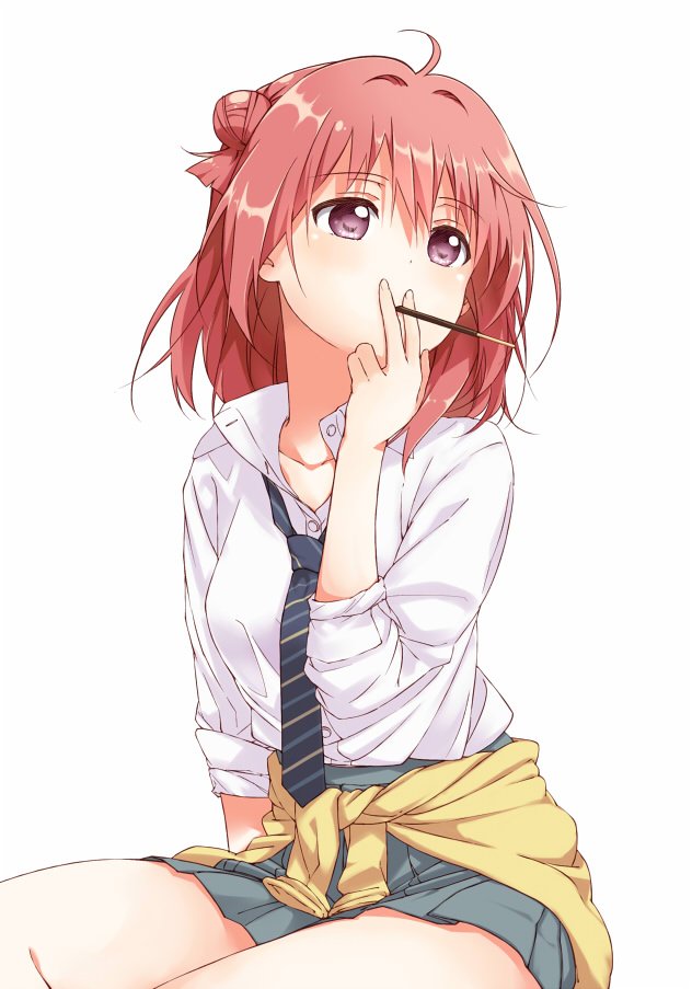 1girl, ahoge, akaza_akari, bangs, black_neckwear, clothes_around_waist, commentary, diagonal-striped_neckwear, diagonal_stripes, double_bun, dress_shirt, eyebrows_visible_through_hair, food, food_in_mouth, grey_skirt, holding, holding_food, long_sleeves, looking_to_the_side, loose_necktie, miniskirt, necktie, partially_unbuttoned, pleated_skirt, pocky, redhead, school_uniform, shikou_sakugo_(qqap9gt9k), shirt, short_hair, simple_background, sitting, skirt, sleeves_rolled_up, solo, striped, striped_neckwear, sweater, violet_eyes, white_background, white_shirt, wing_collar, yellow_sweater, yuru_yuri