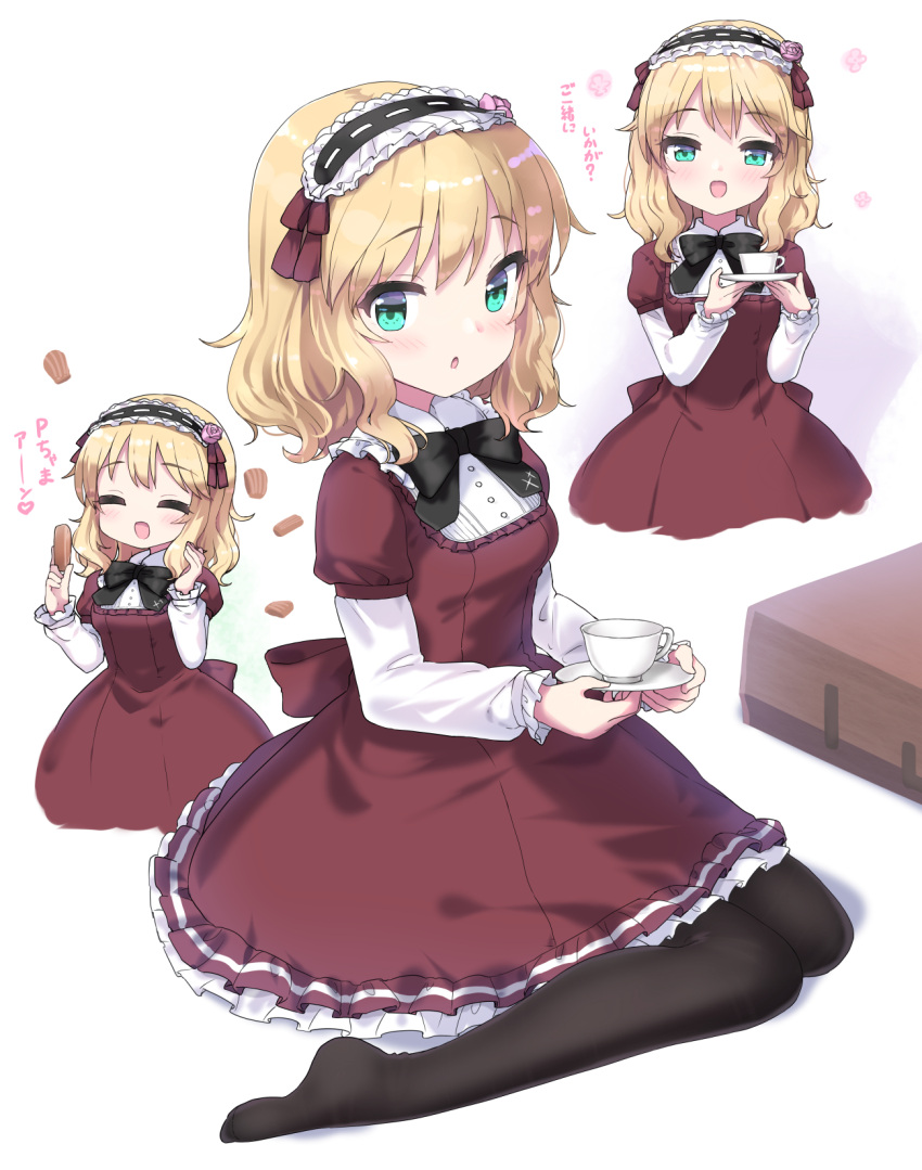 1girl, :d, :o, ^_^, bangs, black_bow, black_hairband, black_legwear, blonde_hair, blush, bow, brown_dress, closed_eyes, collared_shirt, commentary_request, cup, dress, eyebrows_visible_through_hair, frilled_hairband, frills, green_eyes, hair_between_eyes, hairband, highres, holding, holding_saucer, idolmaster, idolmaster_cinderella_girls, ktsecond, long_sleeves, looking_at_viewer, multiple_views, open_mouth, pantyhose, parted_lips, puffy_short_sleeves, puffy_sleeves, ribbon-trimmed_hairband, ribbon_trim, sakurai_momoka, saucer, shirt, short_over_long_sleeves, short_sleeves, sitting, smile, standing, translation_request, wariza, white_background, white_shirt