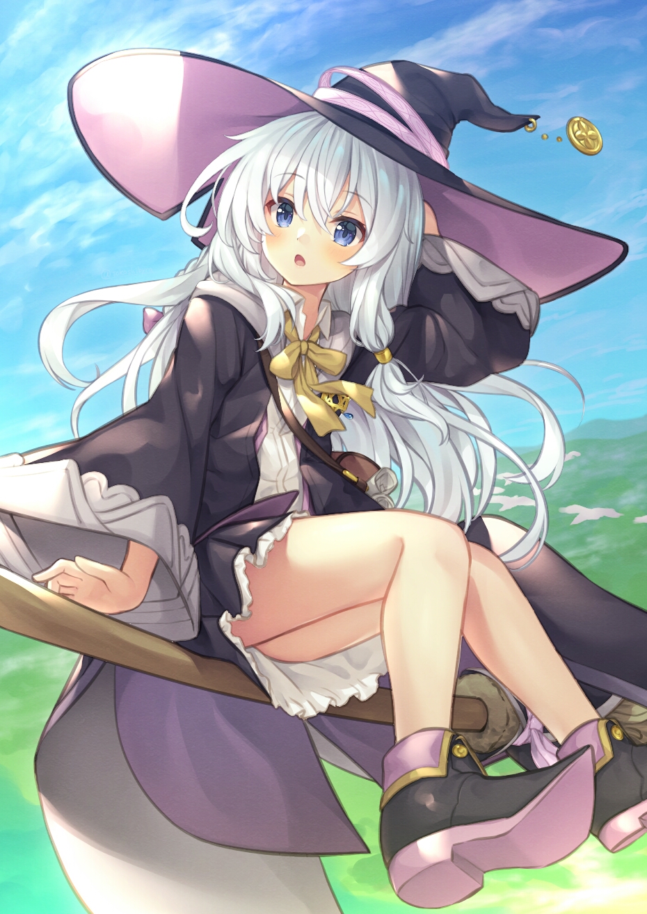 1girl, arm_up, bangs, black_footwear, black_headwear, black_robe, black_skirt, blue_eyes