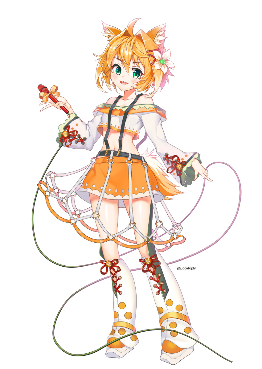 1girl, animal_ear_fluff, animal_ears, belt, cat_ears, crop_top, dmitriy_samarkin, flower