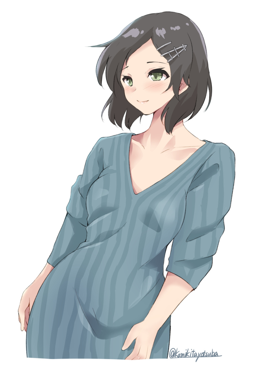 1girl, black_hair, commentary_request, cowboy_shot, dress, flat_chest, green_eyes, hair_ornament