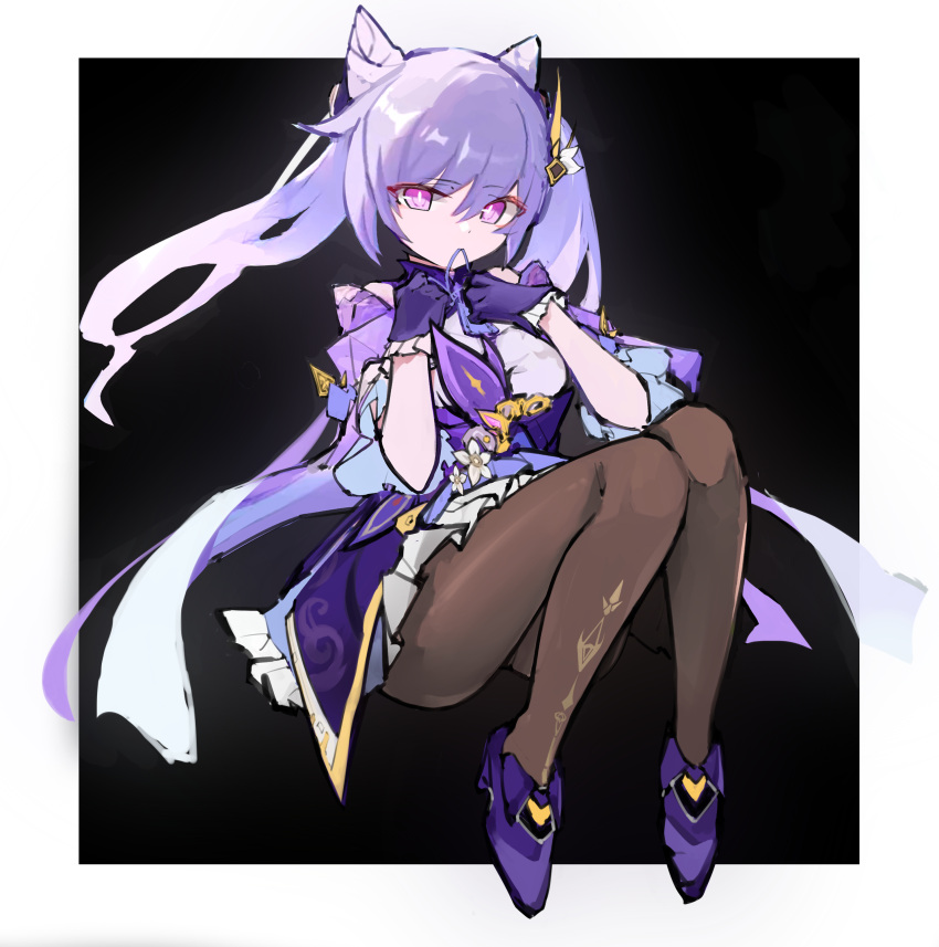 1girl, absurdres, bangs, black_background, blue_skirt, brown_legwear, closed_mouth, commentary_request