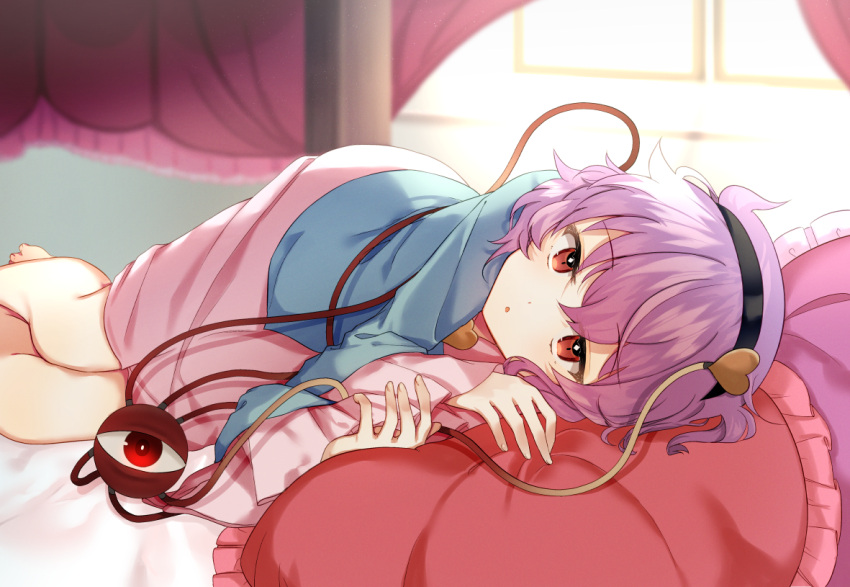 1girl, backlighting, bangs, barefoot, bed_sheet, black_hairband, blouse, blue_blouse, blurry, blurry_background, chieezuik, curtains, expressionless, eyeball, eyebrows_visible_through_hair, fingernails, foot_out_of_frame, frilled_pillow, frills, hair_between_eyes, hairband, heart, indoors, komeiji_satori, layered_sleeves, light_particles, long_sleeves, looking_at_viewer, lying, medium_skirt, on_bed, on_side, parted_lips, pillow, pink_skirt, purple_hair, red_eyes, short_hair, skirt, solo, string, sunlight, third_eye, touhou, wide_sleeves