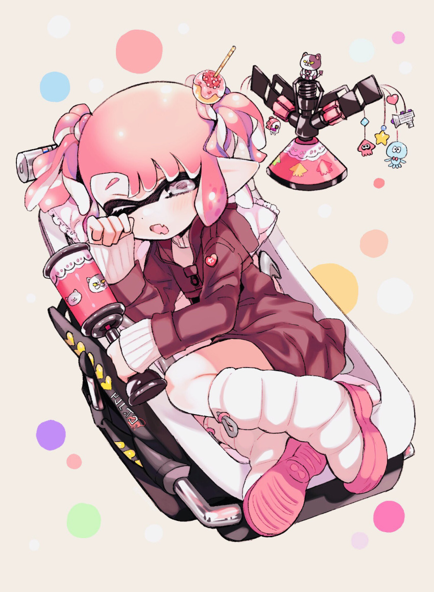 1girl, amezawa_koma, asymmetrical_bangs, bangs, beige_background, black_dress, bloblobber_(splatoon), boots, commentary, dango_hair_ornament, domino_mask, dress, fangs, fetal_position, food_themed_hair_ornament, from_above, hair_ornament, heart, highres, inkling, jajji-kun_(splatoon), jellyfish_(splatoon), kojajji-kun_(splatoon), logo, long_sleeves, looking_at_viewer, lying, mask, octarian, octotrooper, on_side, one_eye_closed, pillow, pointy_ears, polka_dot, polka_dot_background, shirt, short_hair, short_twintails, skin_fangs, sleeping, solo, splat_bomb_(splatoon), splatoon_(series), splatoon_2, splattershot_jr_(splatoon), sprinkler_(splatoon), squid, star_(symbol), symbol_commentary, tentacle_hair, turtleneck, twintails, white_footwear, white_shirt