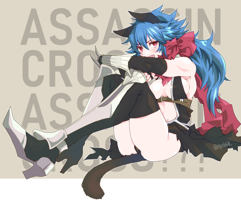 !??, 1girl, animal_ears, armored_shoes, assassin_cross_(ragnarok_online), bangs, bare_shoulders, beige_background
