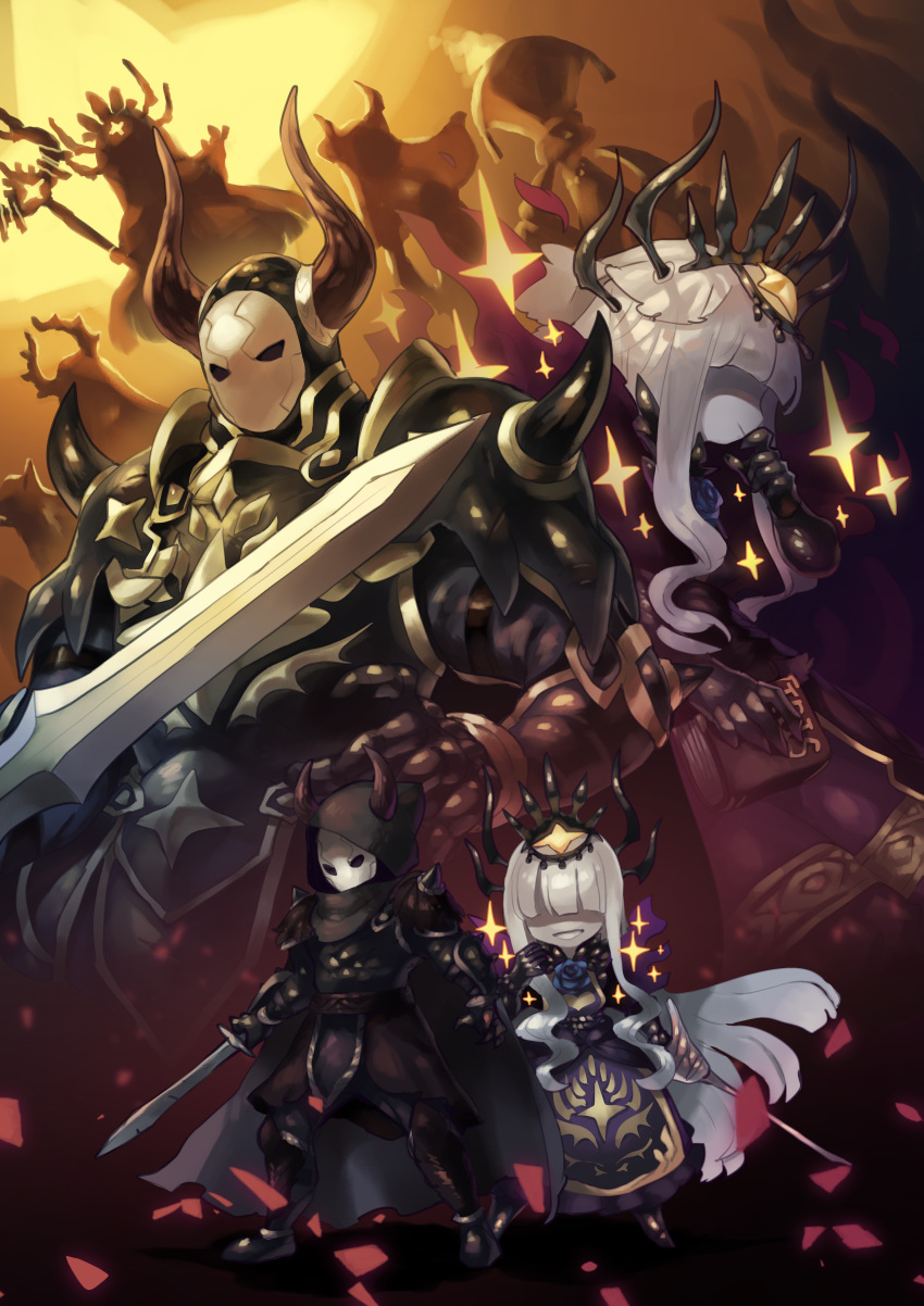 1boy, 1girl, absurdres, armor, breastplate, cordula_(okame_nin), covered_eyes, dress